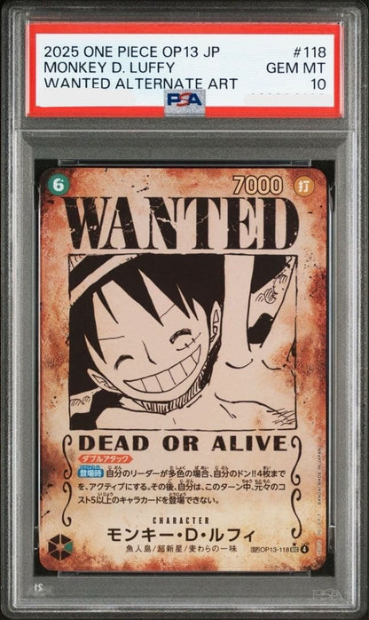 PSA 10 Luffy OP13118 SEC Wanted SP Alt Art Carrying on His Will One Piece Card0