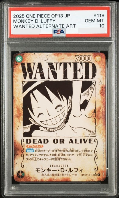 PSA 10 Luffy OP13118 SEC Wanted SP Alt Art Carrying on His Will One Piece Card0