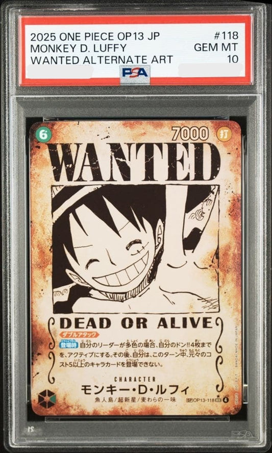 PSA 10 Luffy OP13118 SEC Wanted SP Alt Art Carrying on His Will One Piece Card0