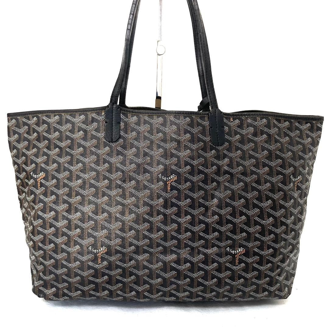 GOYARD Saint Louis PM Tote Bag Black Canvas Leather with Pouch USED1